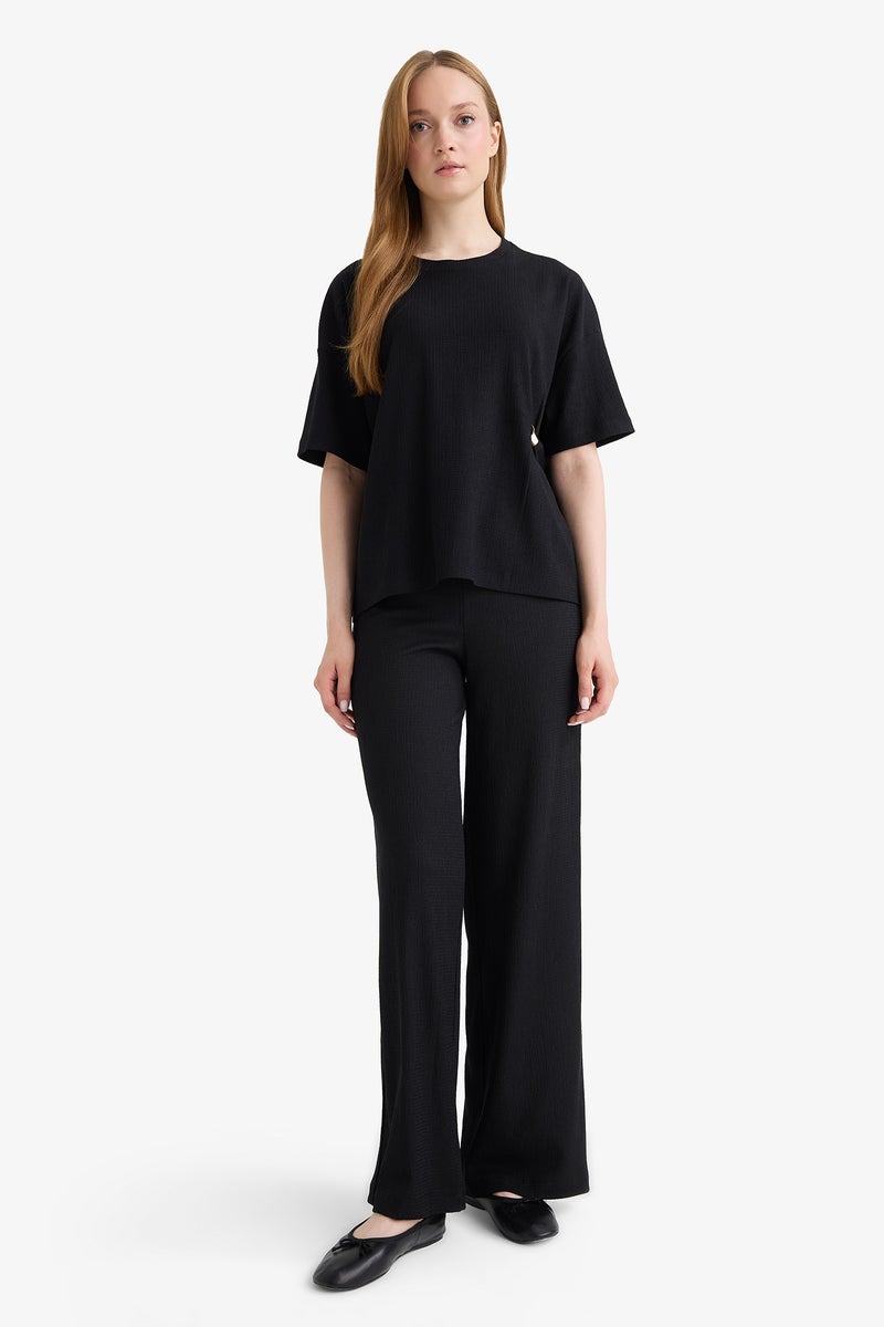 DeFacto Black Woman Straight Fit Waffle Trousers Casual - Image 3